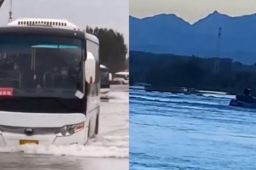 坠河班车不顾交警阻拦坚持过河