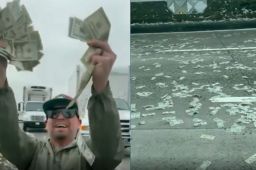 美运钞车路上掉钱 众人停车捡钱