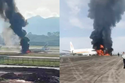 重庆江北机场一飞机冲出跑道起火