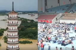 航拍广东英德洪水浸城